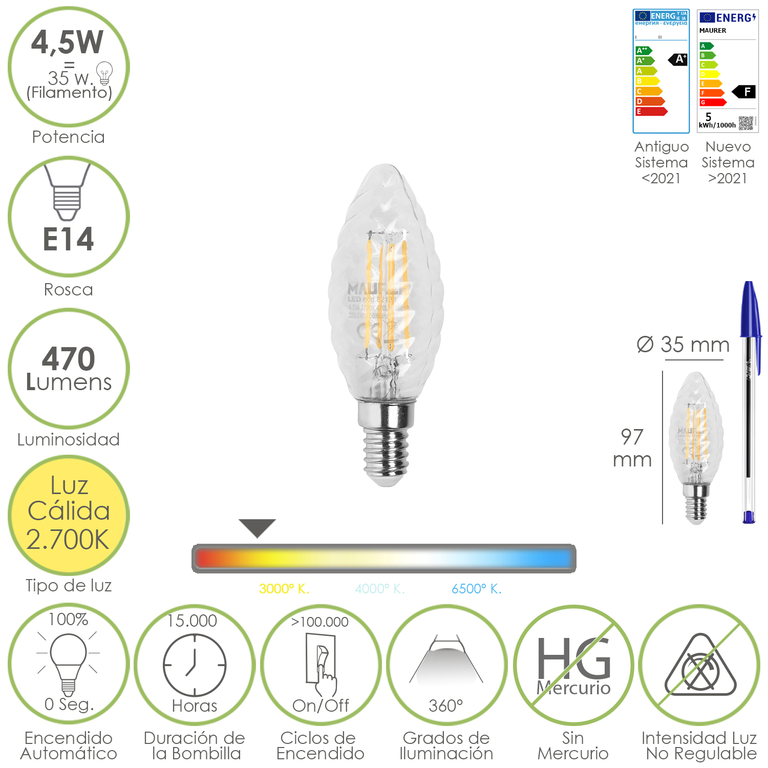 Bombilla Led Filamento Vela Twist, E14, 4,5 Watt, Equivale A 35 Watt, 470 Lumenes, Luz Calida 2700 K,