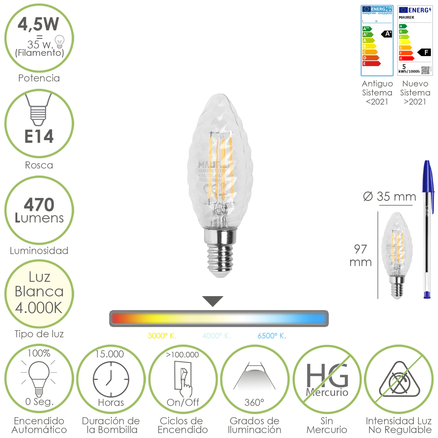 Bombilla Led Filamento Vela Twist, E14, 4,5 Watt, Equivale A 35 Watt, 470 Lumenes, Luz Neutra 4000 K,