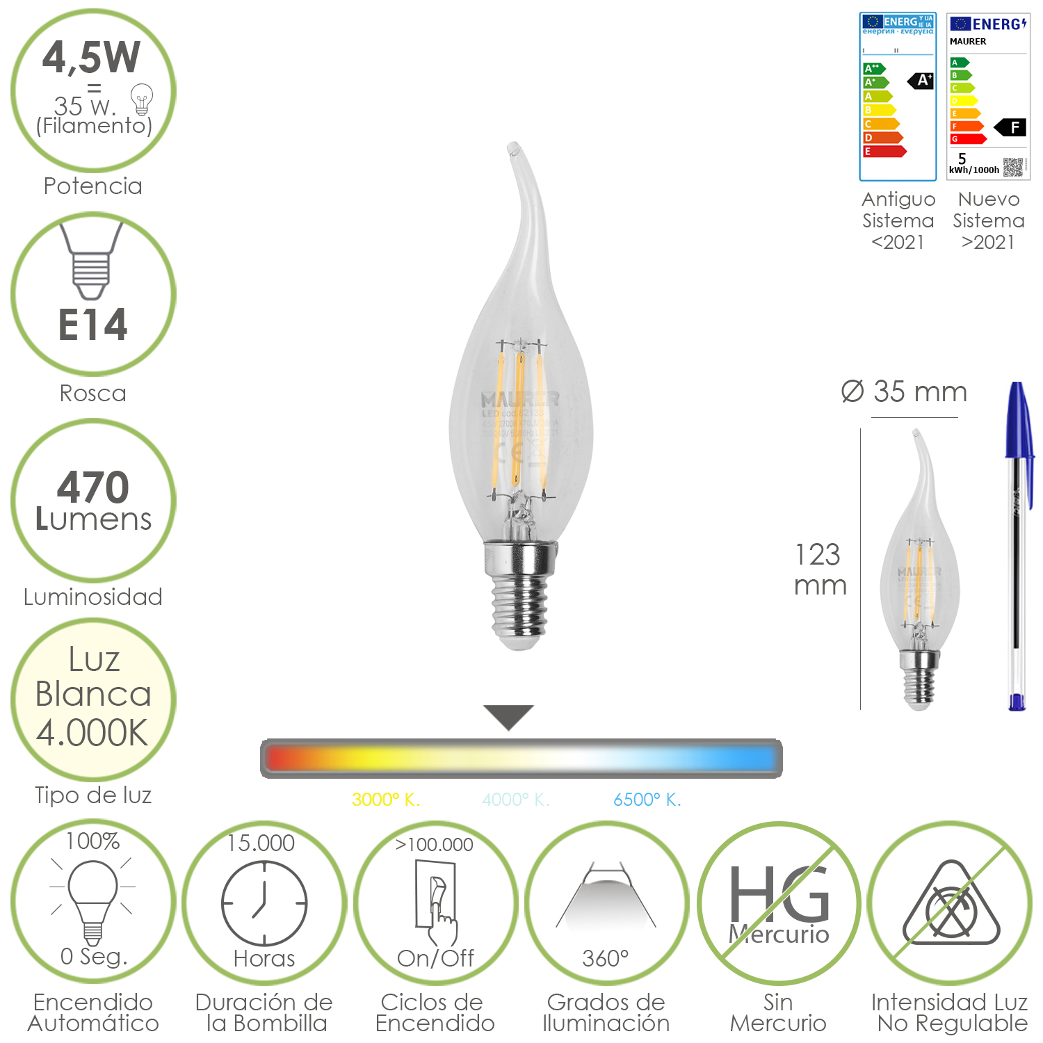 Bombilla Led Filamento Vela Llama E14, 4,5 Watt, Equivale A 35 Watt, 470 Lumenes, Luz Neutra 4000 K,