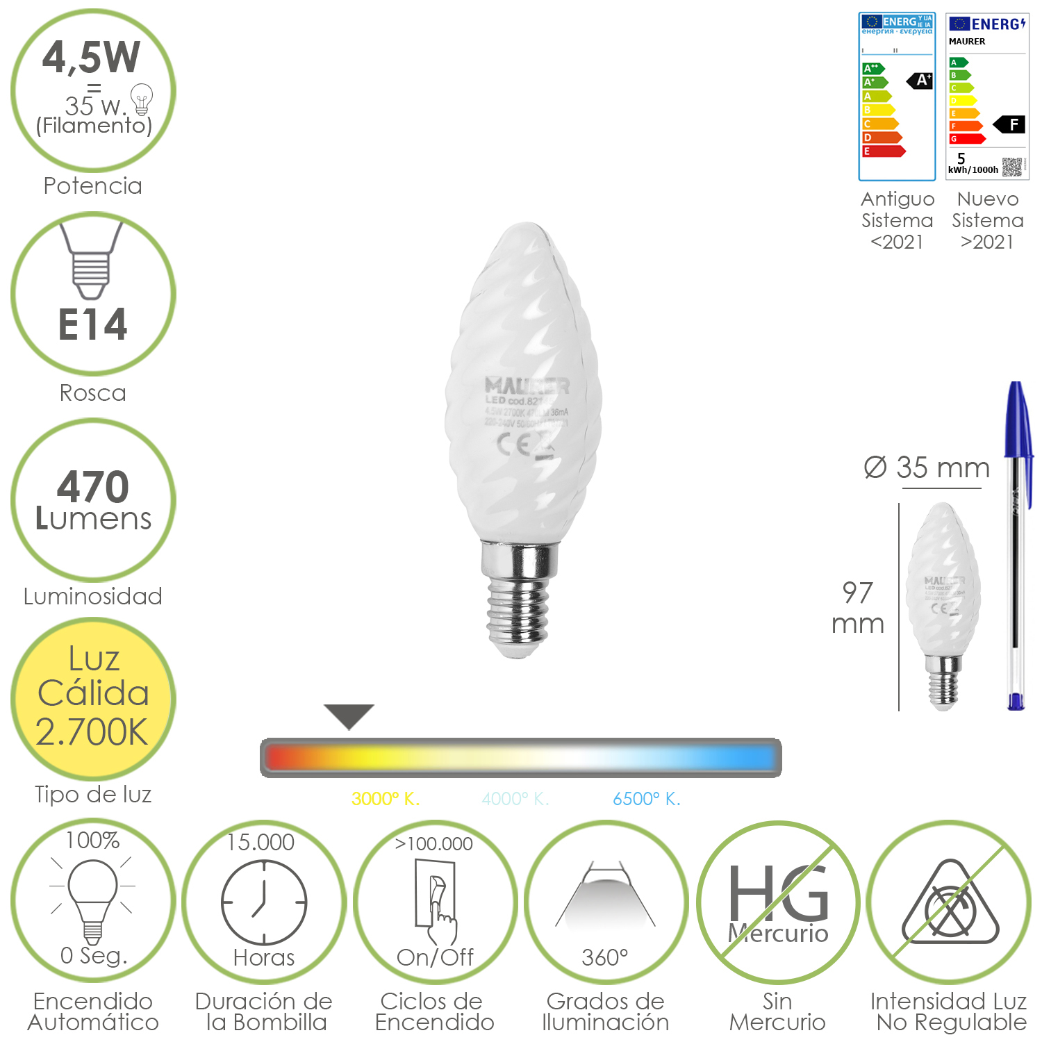 Bombilla Led Filamento Vela Esmerilada E14, 4,5 Watt, Equivale A 35 Watt, 470 Lumenes, Luz Calida 2700 K,