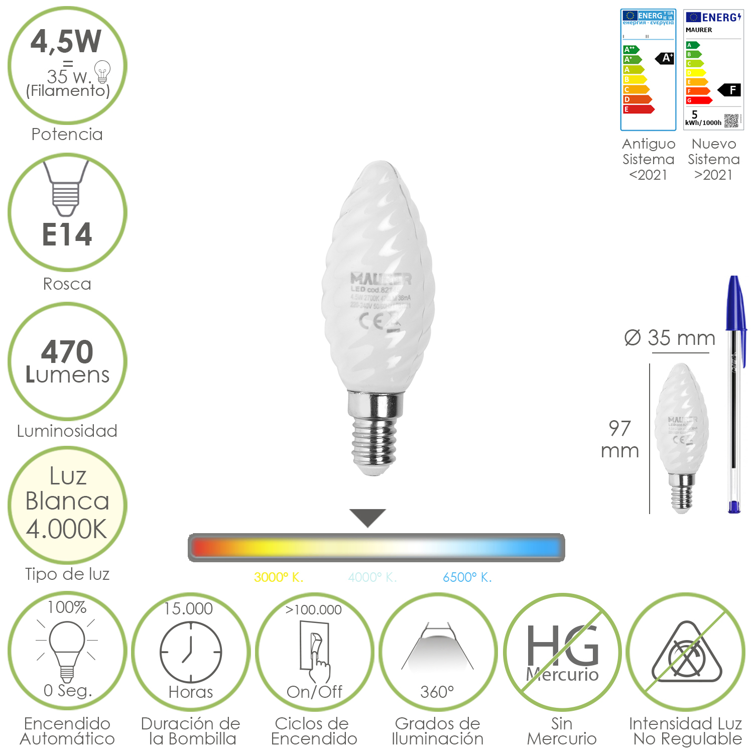 Bombilla Led Filamento Vela Esmerilada E14, 4,5 Watt, Equivale A 35 Watt, 470 Lumenes, Luz Neutra 4000 K,
