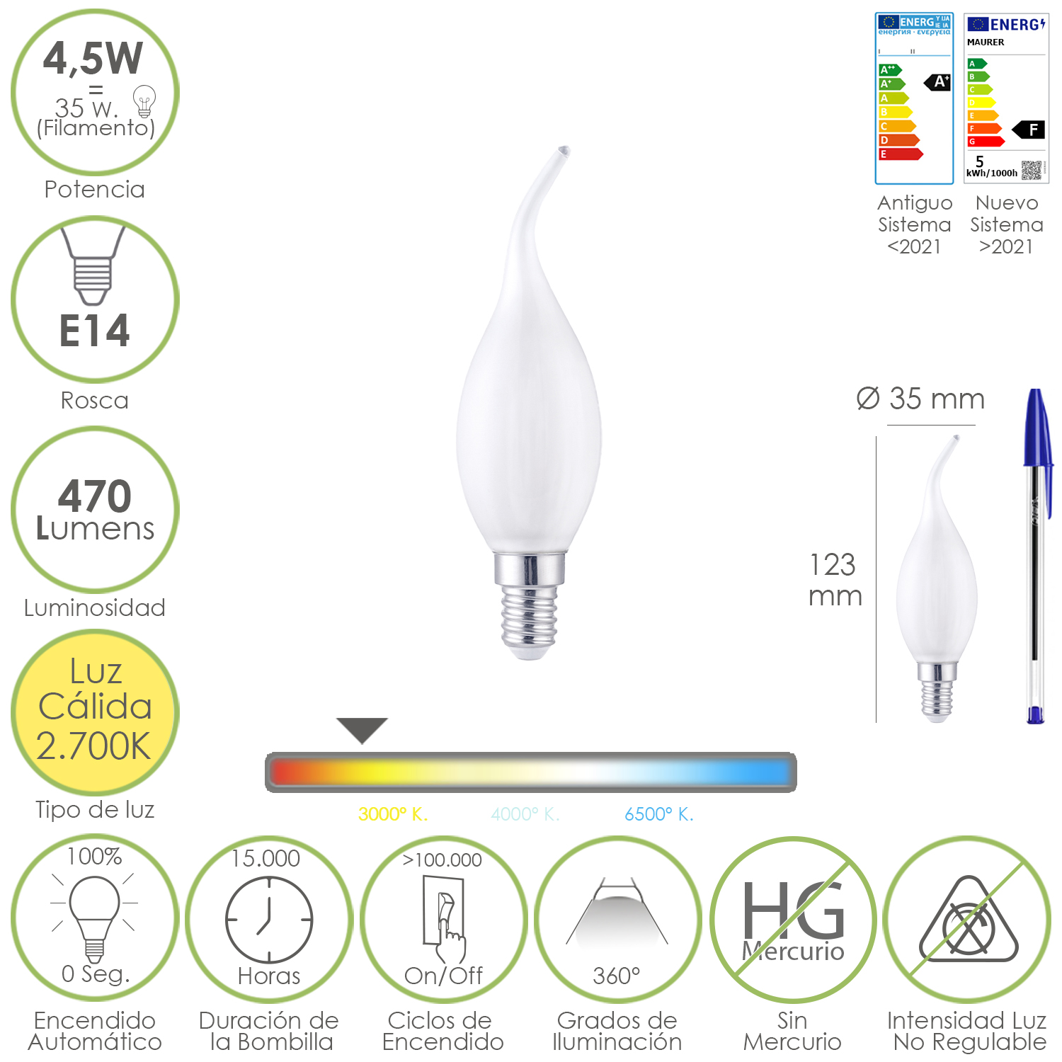 Bombilla Led Filamento Vela Llama Esmerilada E14, 4,5 Watt, Equivale A 35 Watt, 470 Lumenes, Luz Calida 2700 K,
