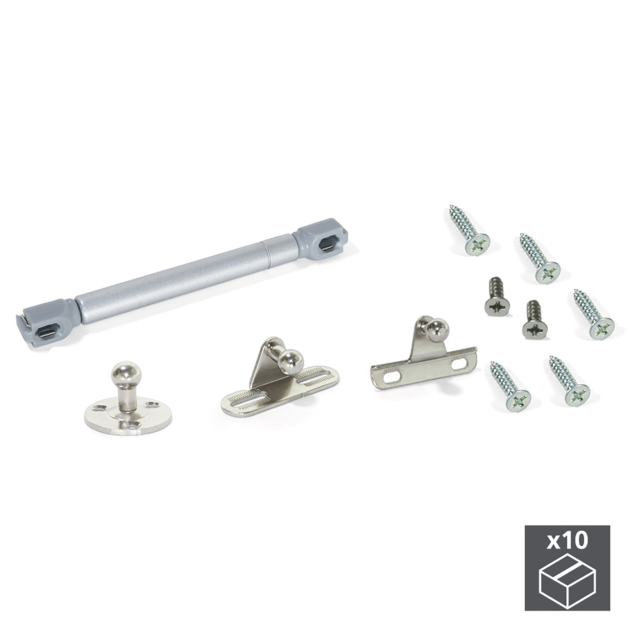 Emuca Pistn a gas para puertas abatibles, fuerza 6 kg, recorrido 80 mm, con enganches, Gris metalizado