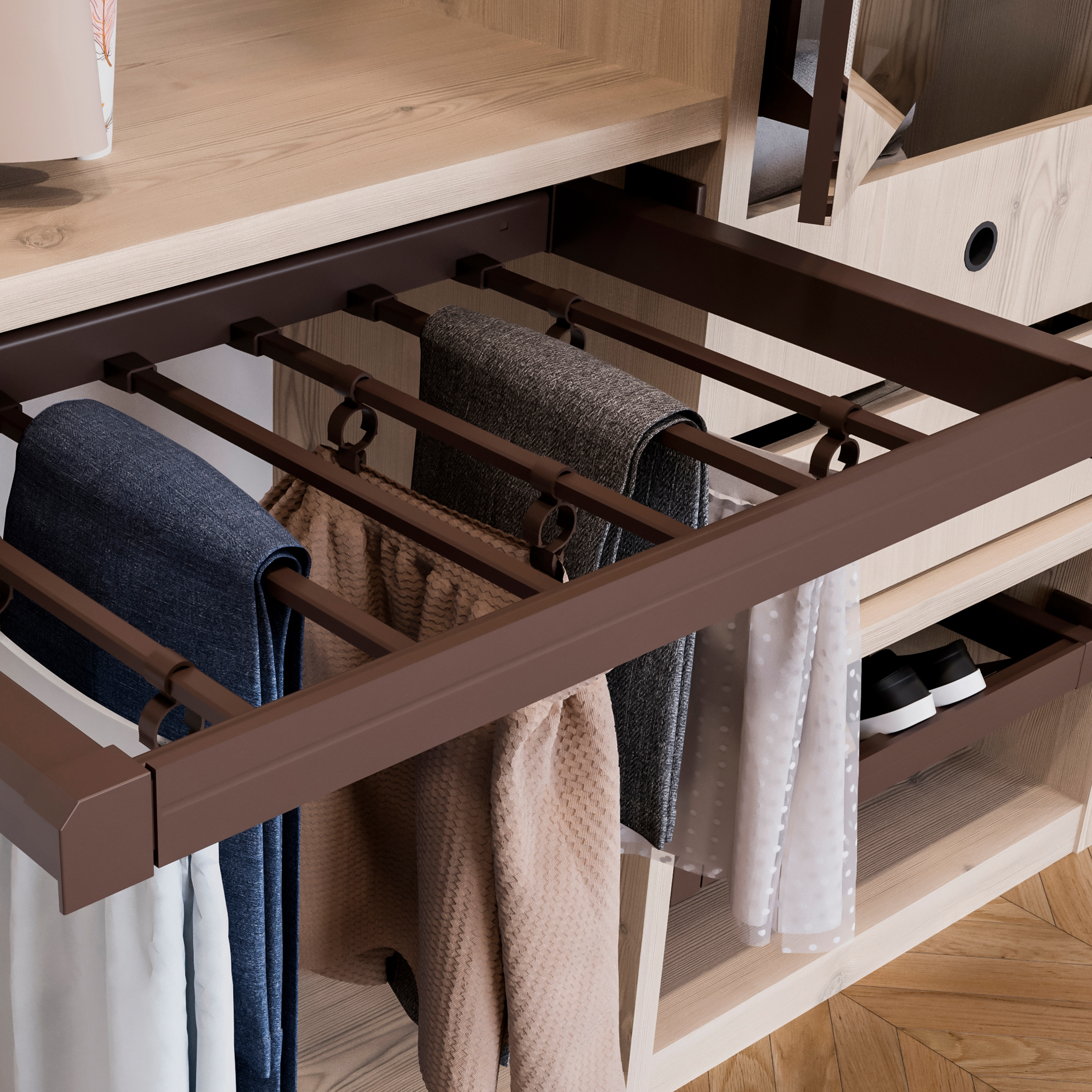 Emuca Pantalonero extraible, regulable, mdulo de 900 mm, 7 varillas, Aluminio y Acero, color moka