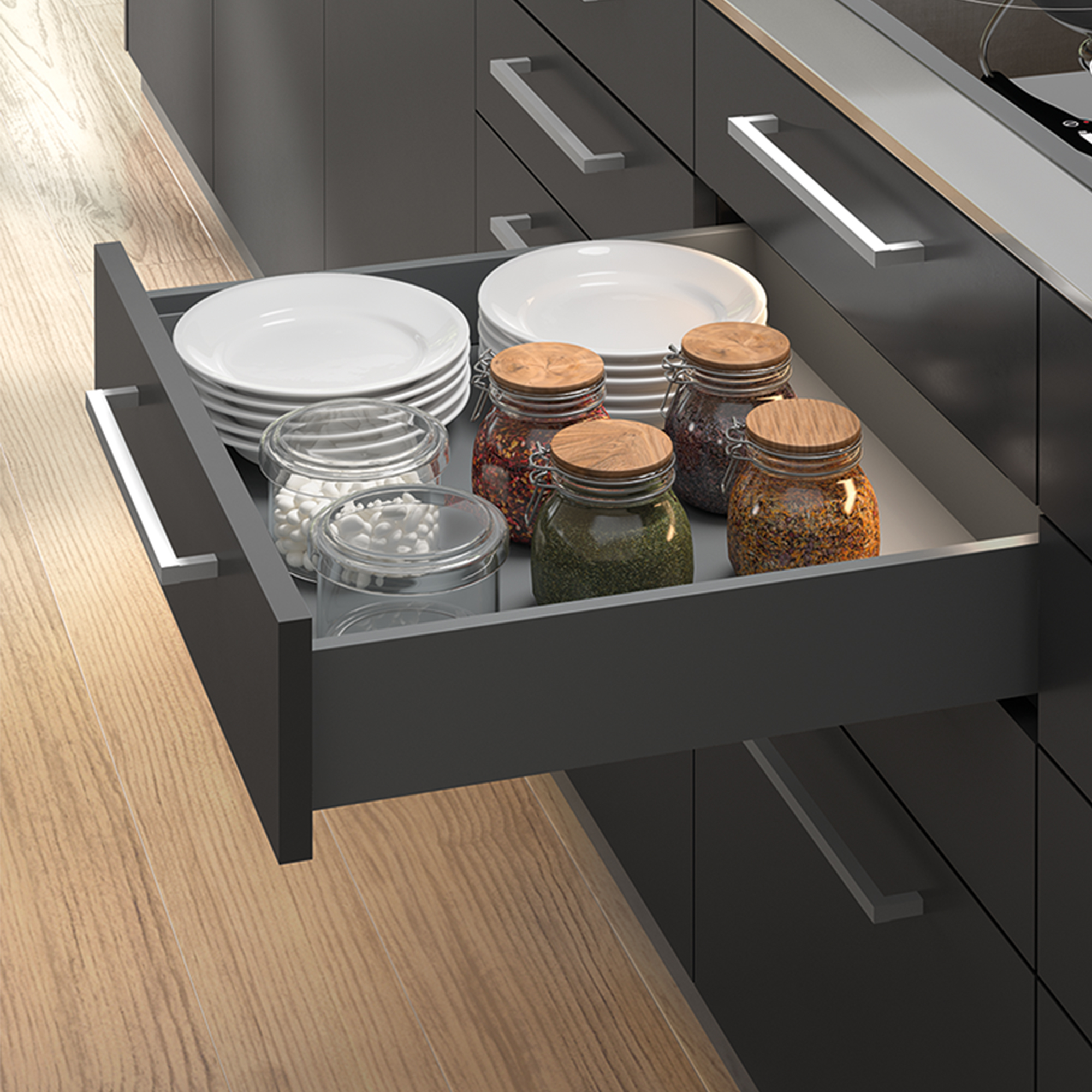 Emuca Kit de cajn para cocina o bao Vertex de altura 93 mm con tableros incluidos., 450, Gris antracita, Varios