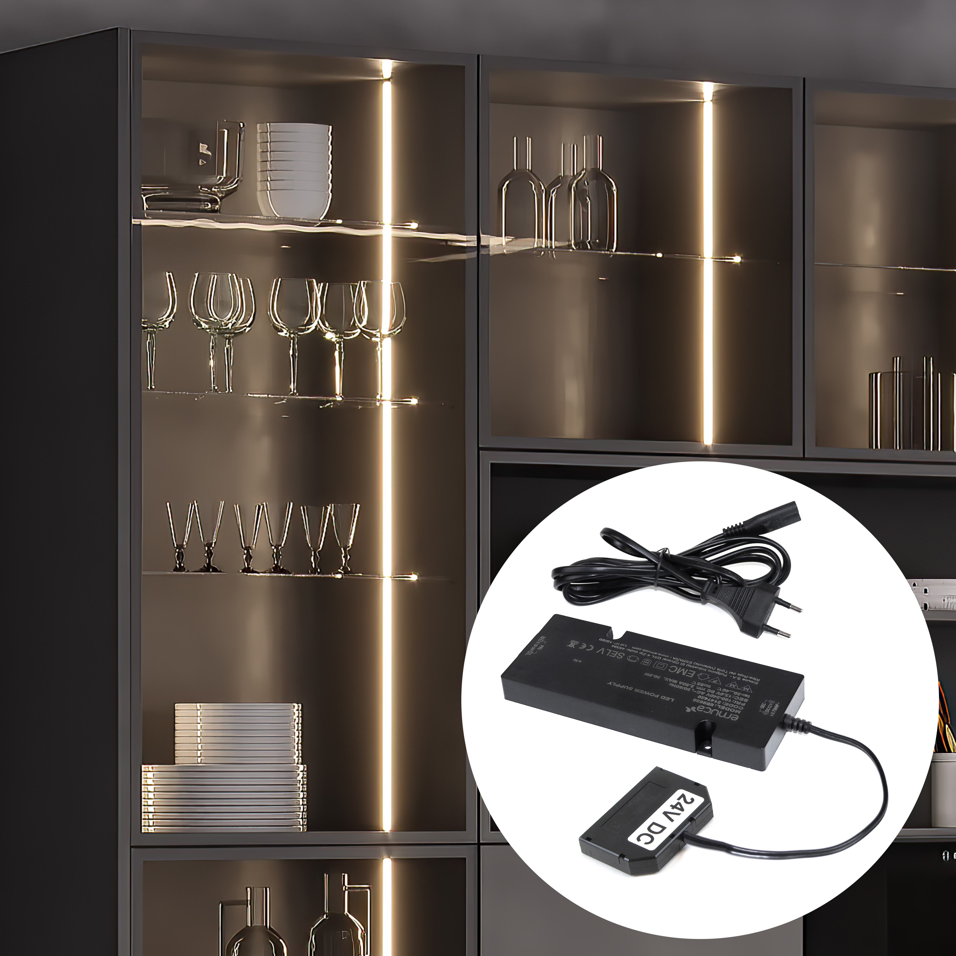 Emuca Transformador de corriente para luces LED, plstico (24V DC), 30 W, Acero y Aluminio