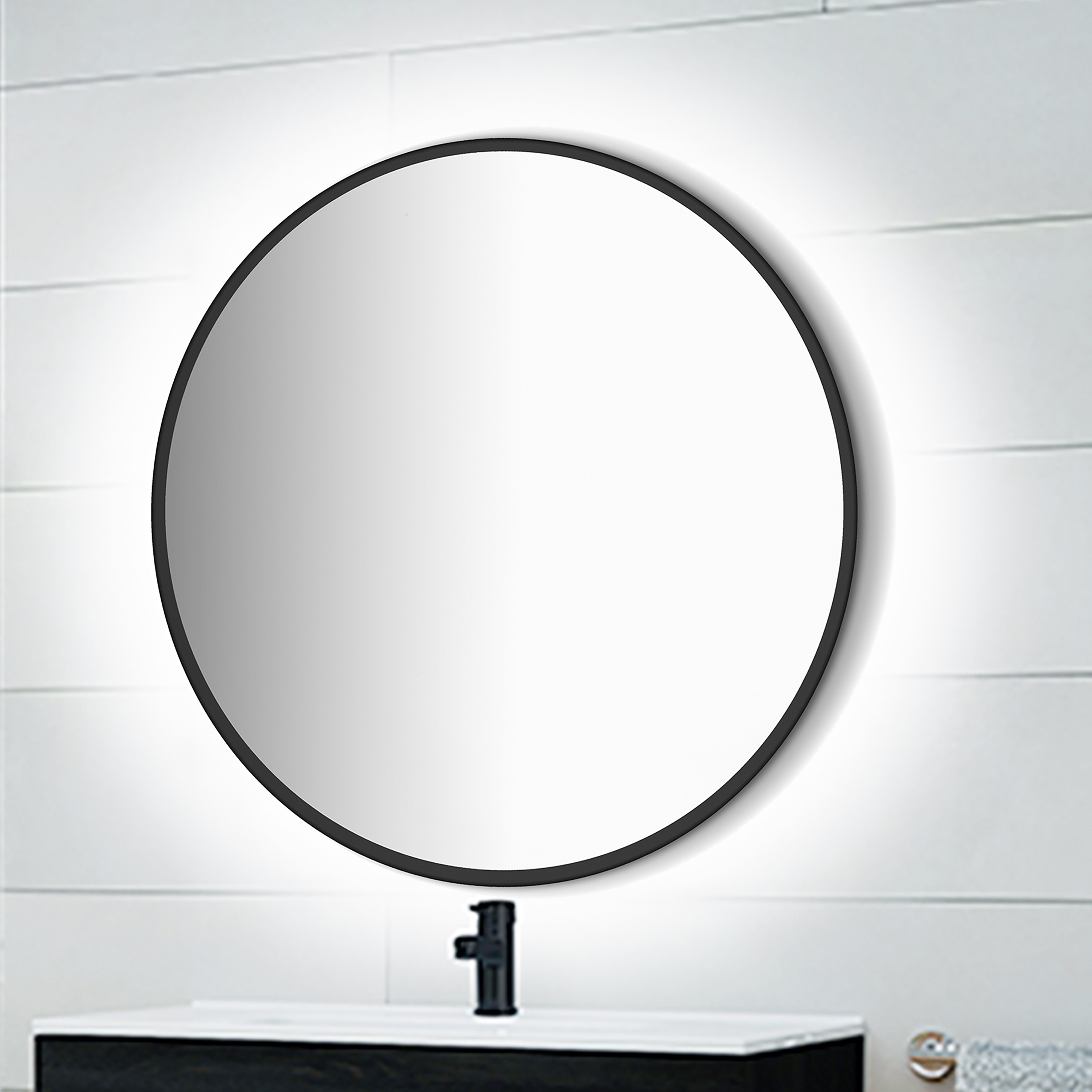 Emuca Espejo Zeus con iluminacin LED decorativa y marco negro, dimetro 80 cm, AC 230V 50Hz, 12 W, Aluminio y Cristal