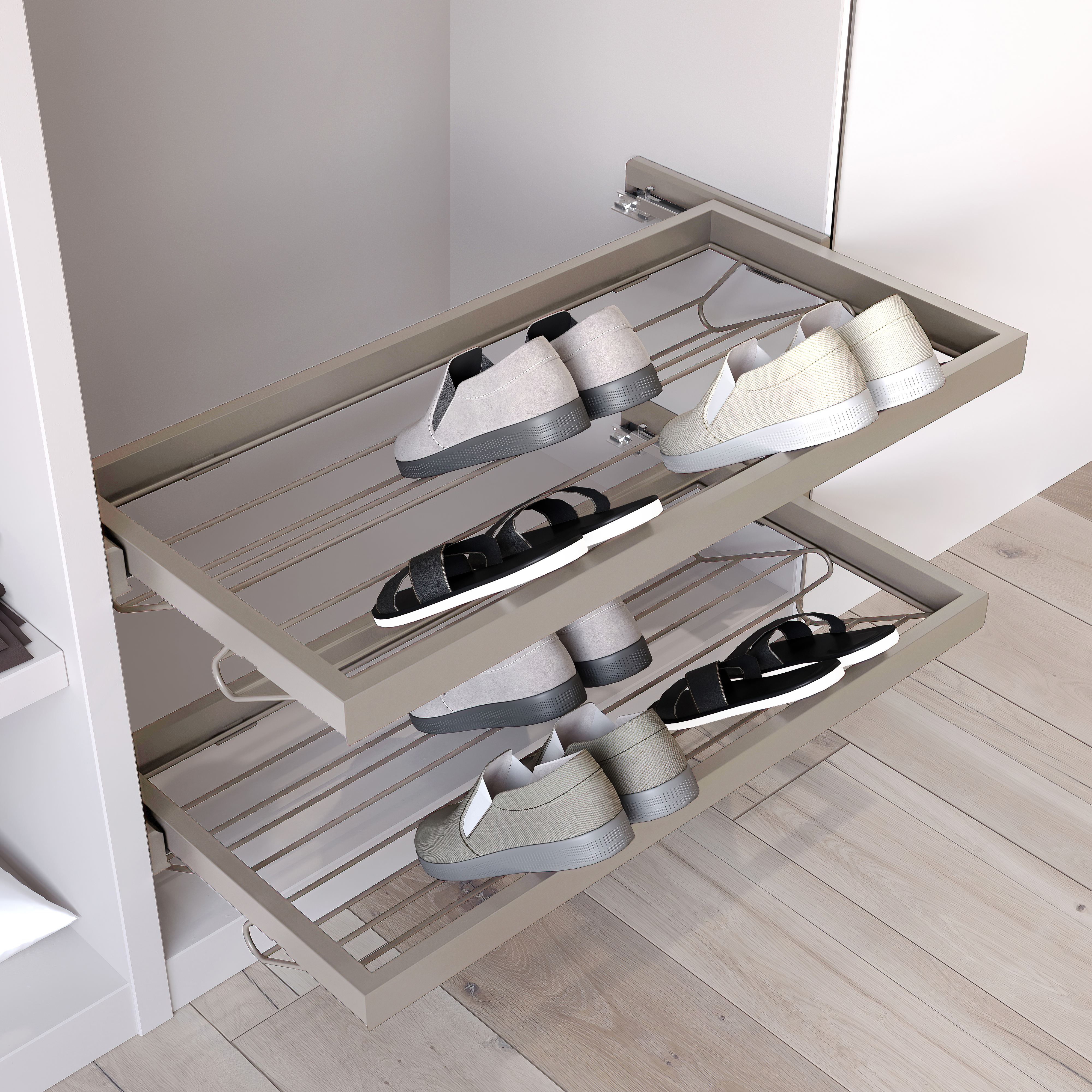 Emuca Kit de zapatero metlico y bastidor de guas con cierre suave para armario, regulable, mdulo 600mm, Gris piedra