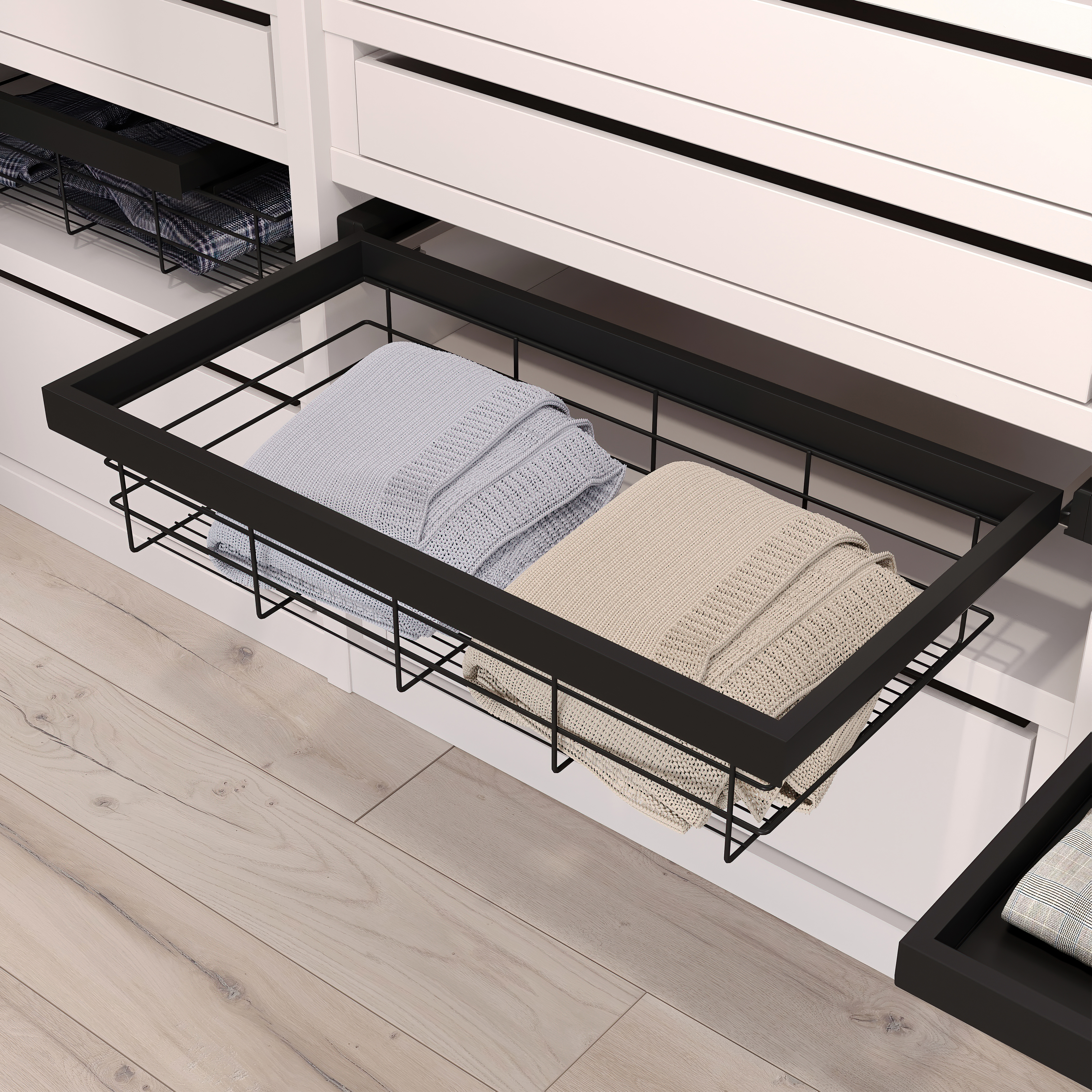 Emuca Kit de cesta de alambre y bastidor de guas con cierre suave para armario, regulable, mdulo 600mm, Negro texturizado