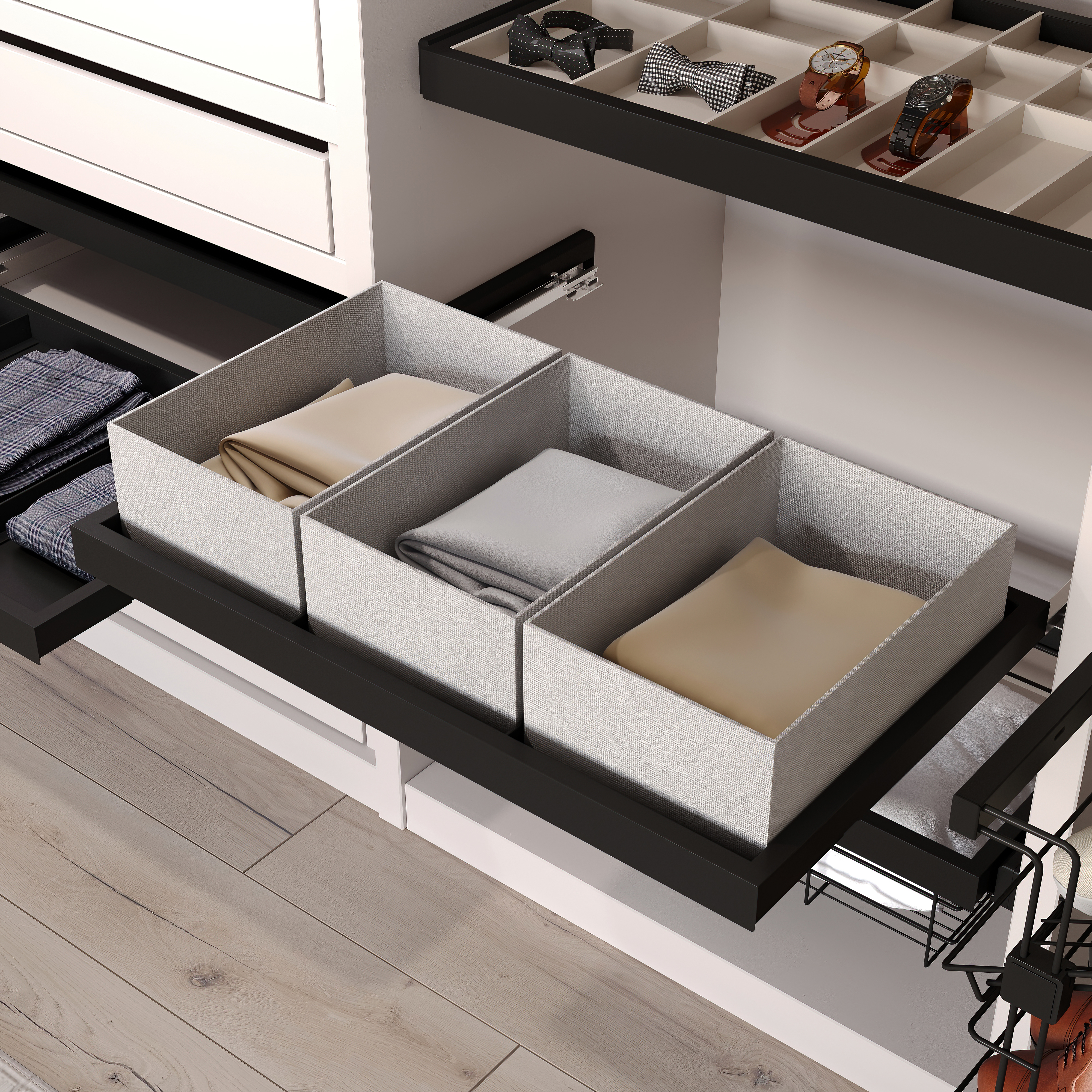 Emuca Kit de bandeja, 2 cestos organizadores y bastidor de guas con cierre suave para armarios, regulable, mdulo 800mm, Negro texturizado