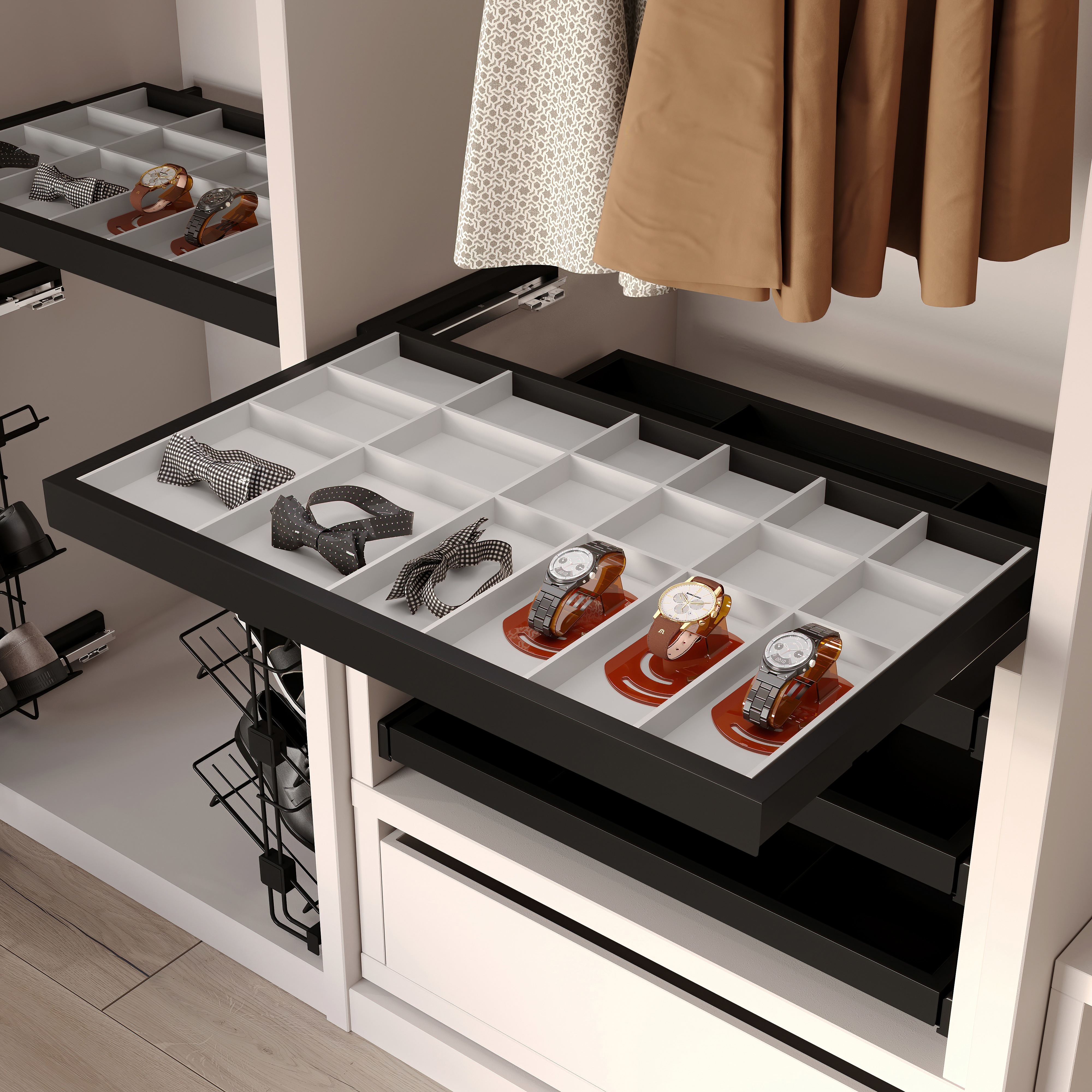 Emuca Kit de cajn organizador, bandeja auxiliar y bastidor de guas con cierre suave para armarios, regulable, mdulo 900mm, Negro texturizado y gris piedra