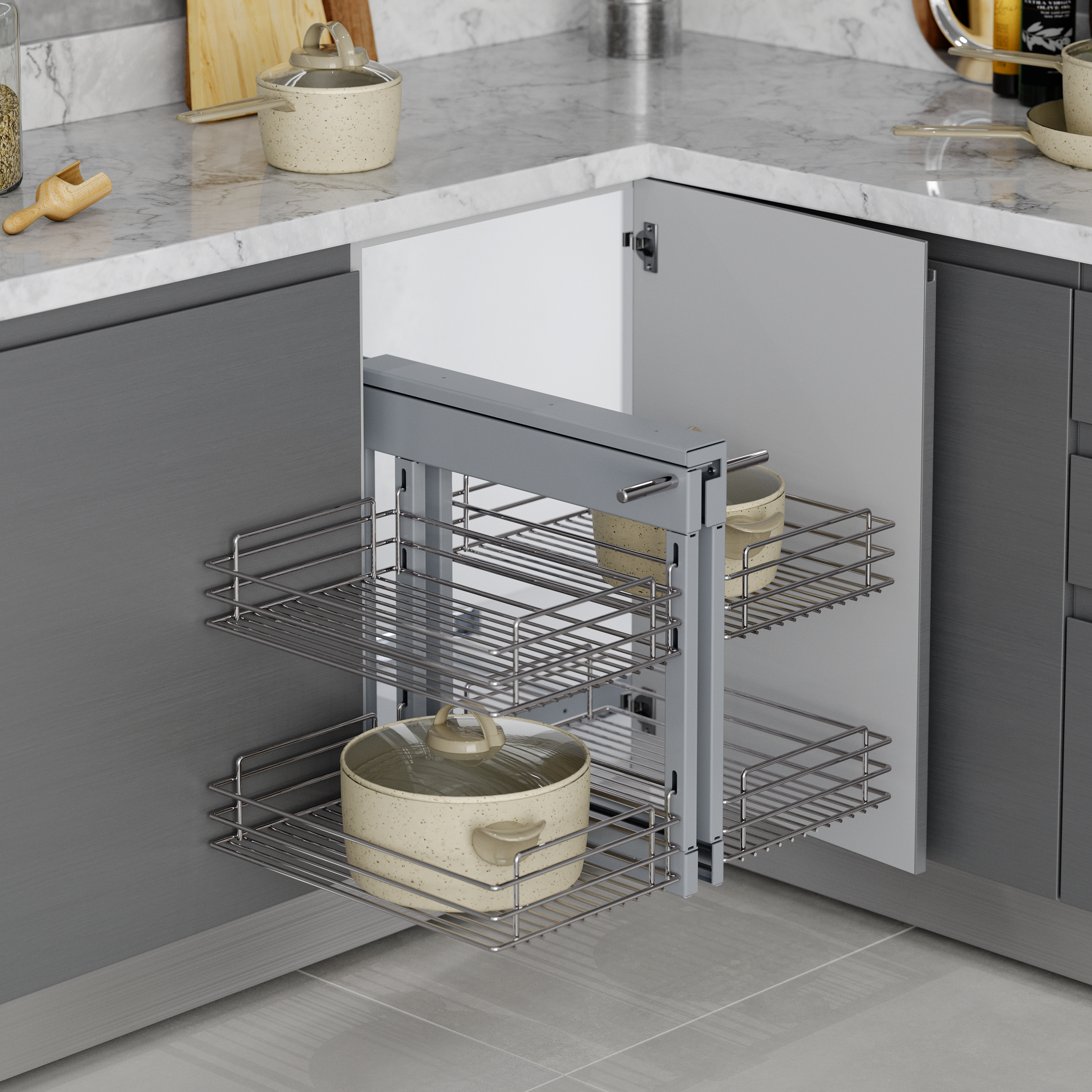 Emuca Sistema de rincn extrable Suprastar para mueble de cocina, Cromado, Acero