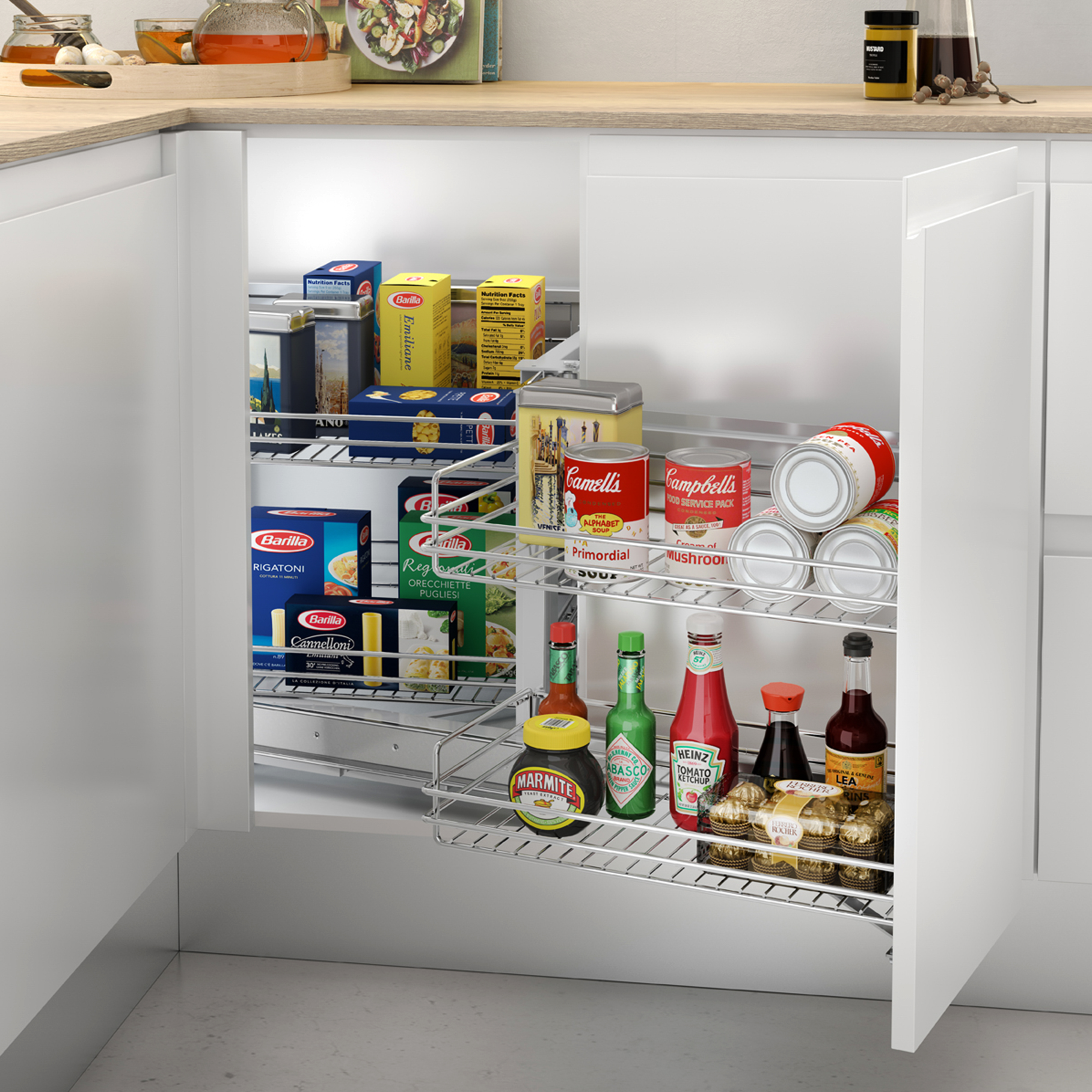 Emuca Rinconero extrable ngulo Supra para muebles de cocina, Montaje mano derecha, Cromado, Acero