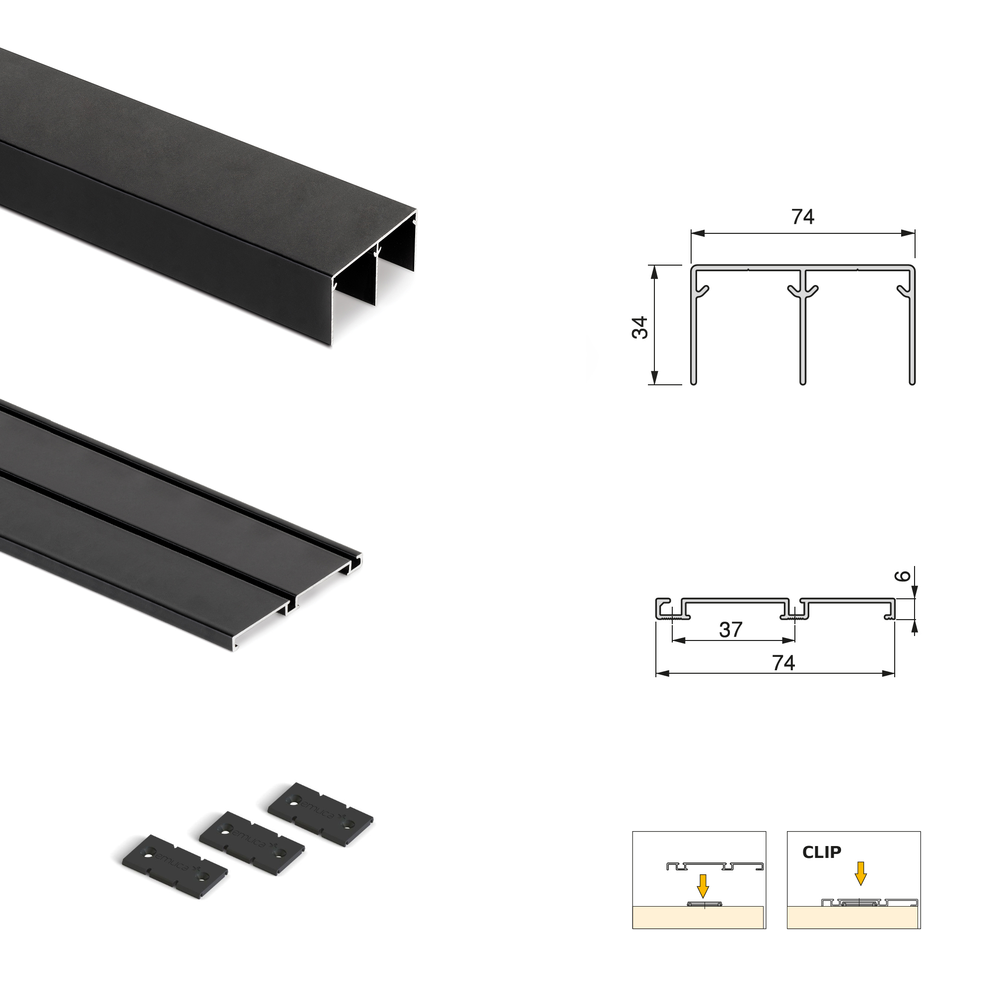 Emuca Sistema corredero Placard 74 para armario de 2 puertas con perfil Sharp, espesor 16 mm, cierre suave, tableros no incluidos, Pintado negro