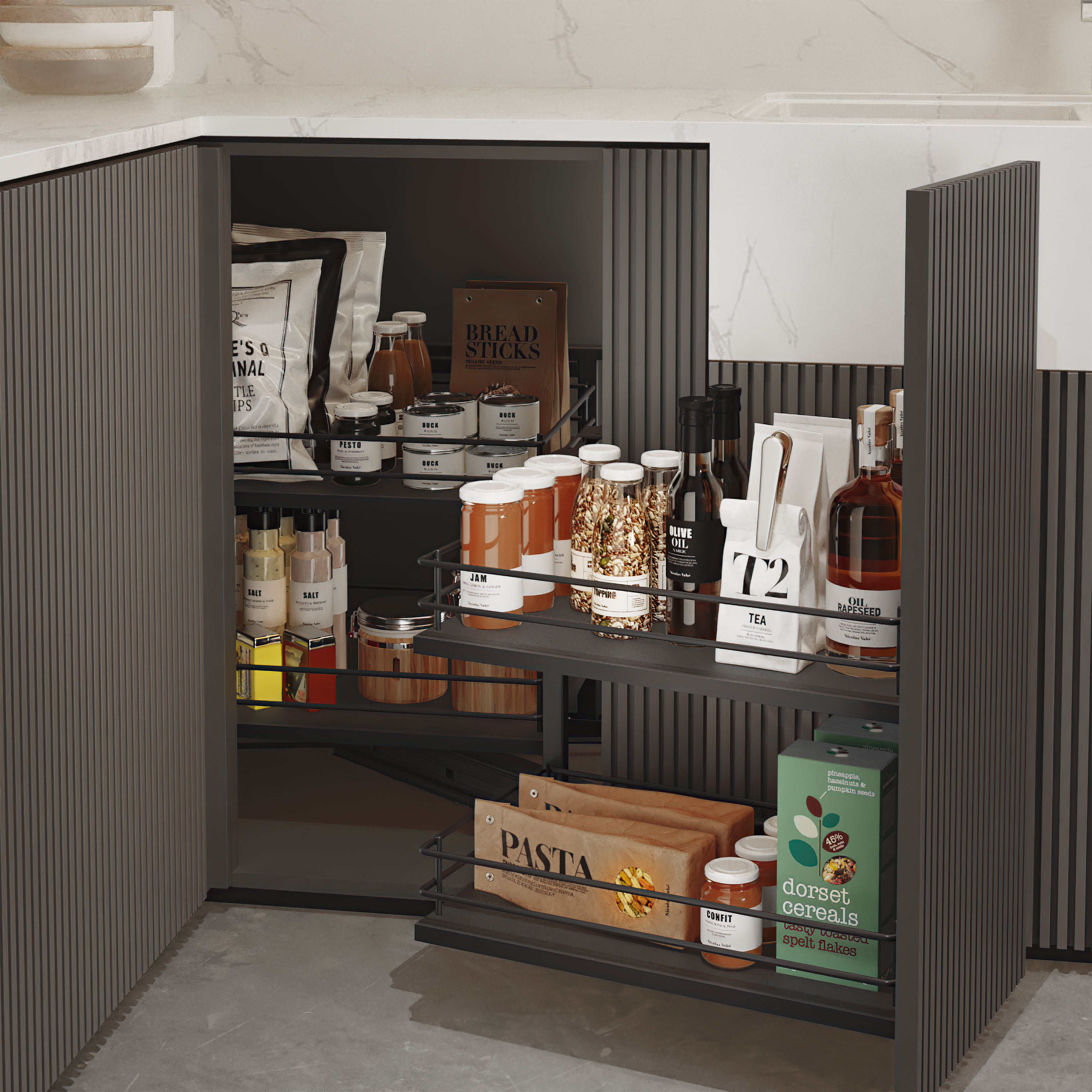 Emuca Rinconero extrable ngulo Titane para muebles de cocina, apertura a Derecha, Gris antracita, Acero y Madera