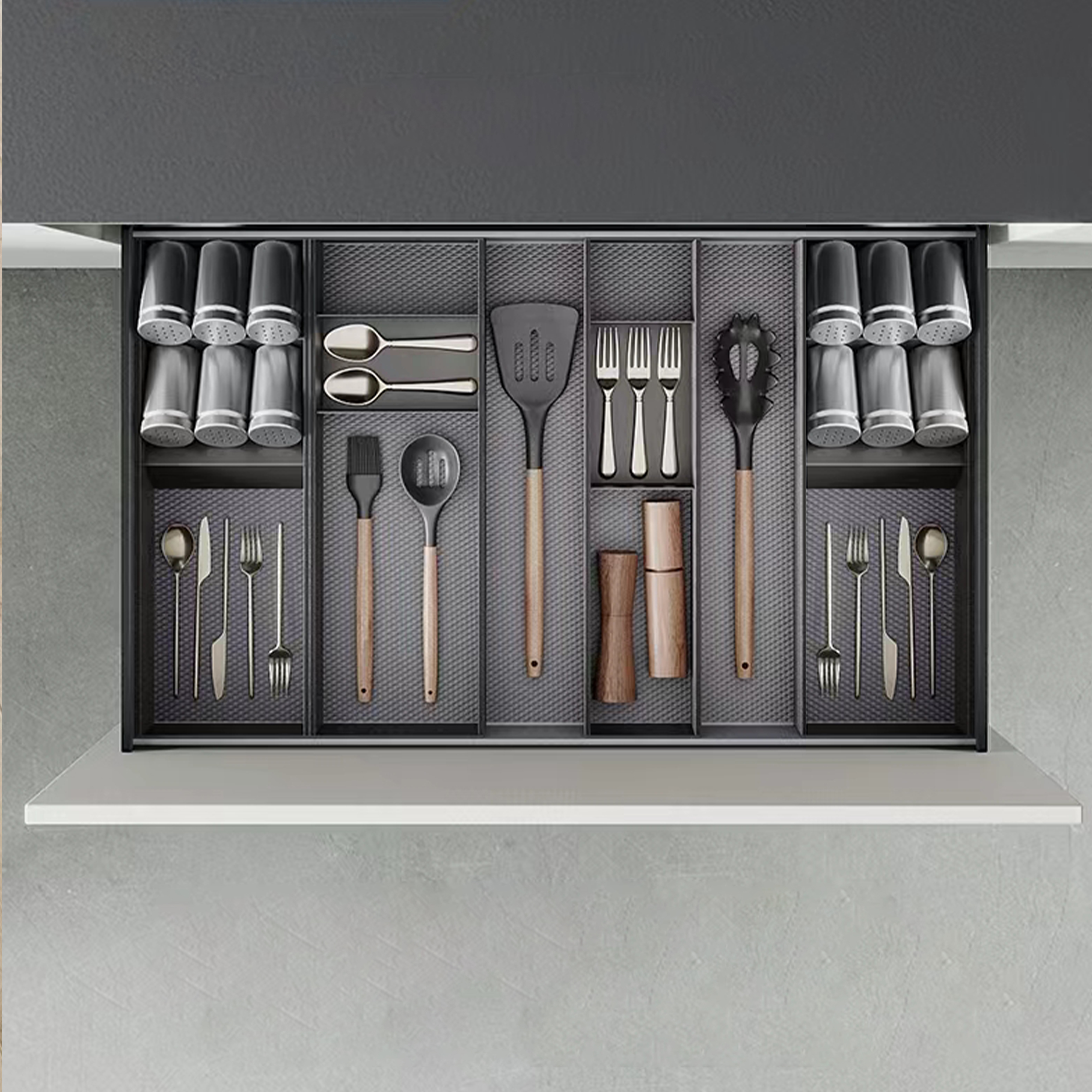 Emuca Organizador inclinado Orderbox para cajn, 150x470 mm, Gris antracita, Acero y Madera
