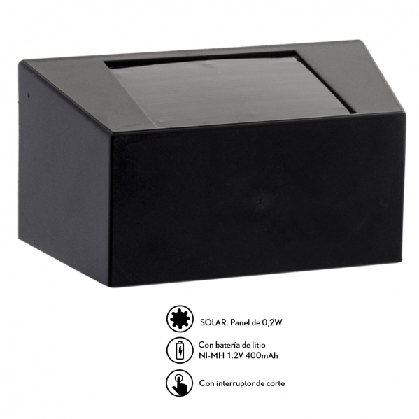 Aplique Solar Quartino Negro 0,21w 6000k 5,1x10,2x5,8 Cm 5h Aprox. C/bateria  Litio Interrup.corte 5lm IP64