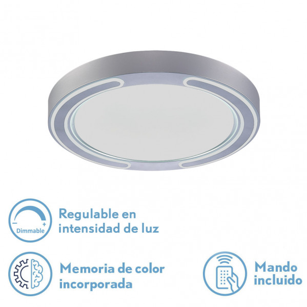 Plafon 48w Asher Plata 3000-4000-6500k 3744lm  6x40x40cm Remoto+reg.int+memoria
