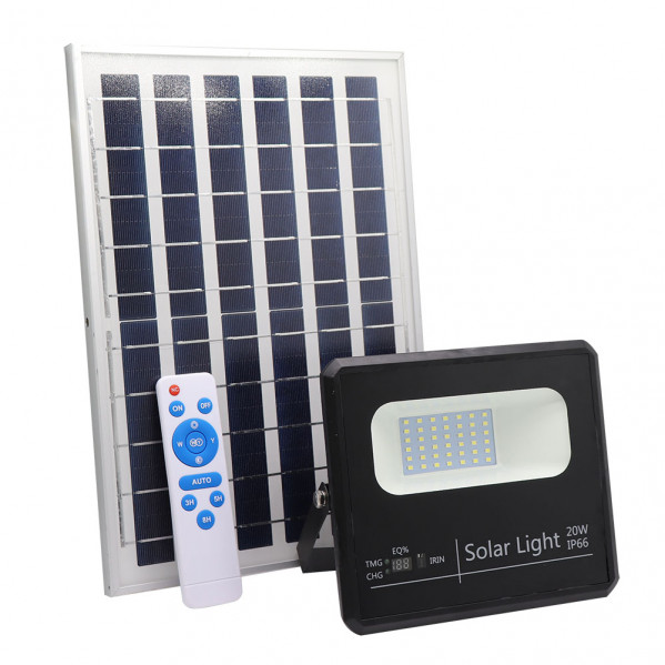 Proyector Solar Malaquita 20w 6500k Negro 1800lm (17x19,5x5)(35x23,5x2)cm Mando  Y Cable 5m
