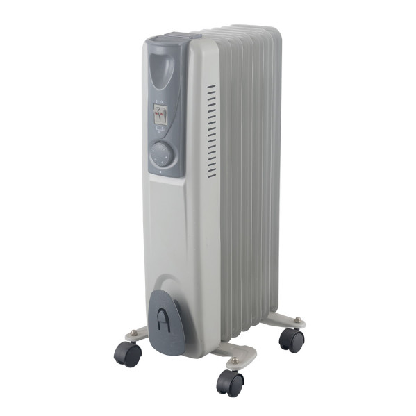Radiador Aceite Confort 1500w 7element Blanco/Gris 3poten Ruedas Termost.reg. Luz Ind. 59x32,5x24cm
