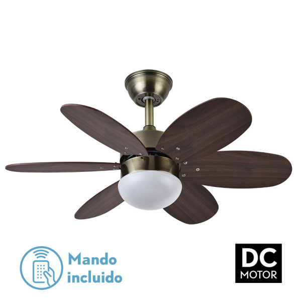 Ventilador Dc Alves 2xe27 Cuero 6 Aspas Rev. Cerezo/nogal 41x85d  C/ Remoto Y Temporizador