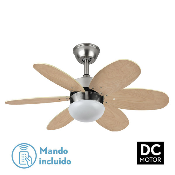 Ventilador Dc Alves 2xe27 Niquel 6 Aspas Rev. Haya/plata 41x85d C/ Remoto Y Temporizador
